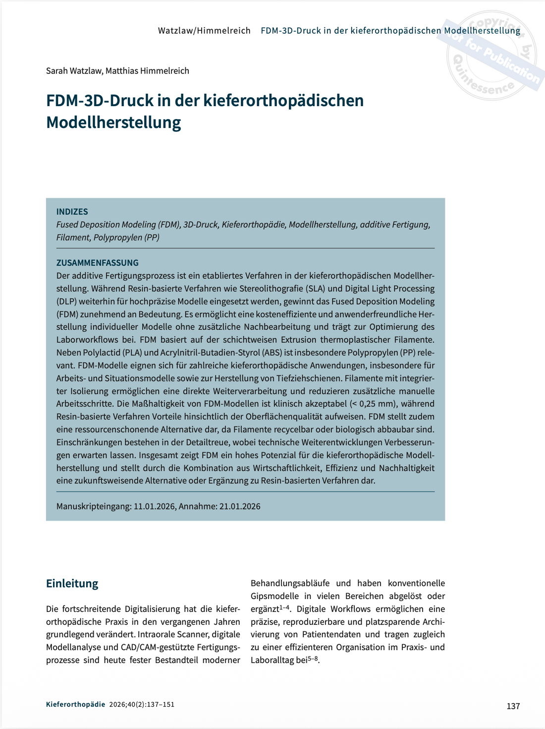 FDM-3D-Druck in der kieferorthopädischen Modellherstellung – Wonderfil in der Fachliteratur